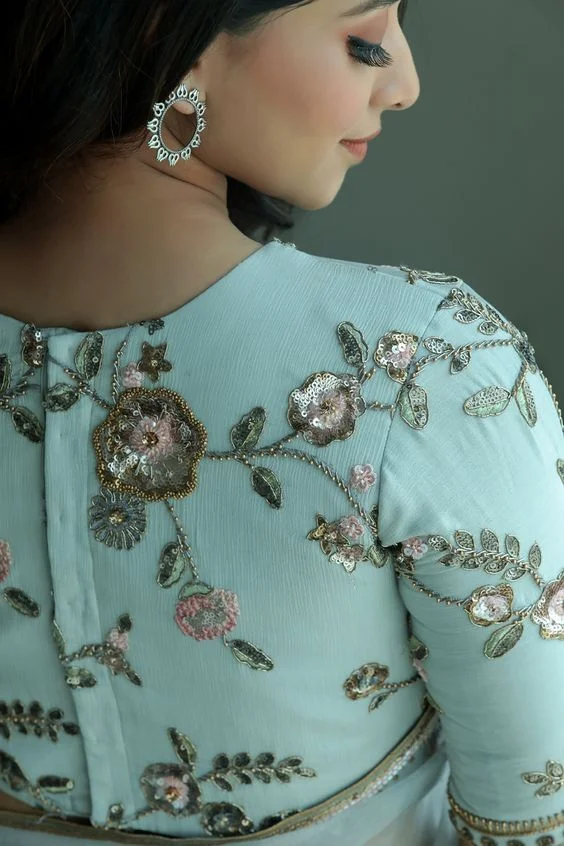 Embroidered Saree  modern blouse design 