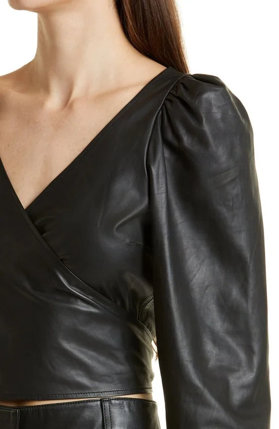Leather Accents V neck blouse