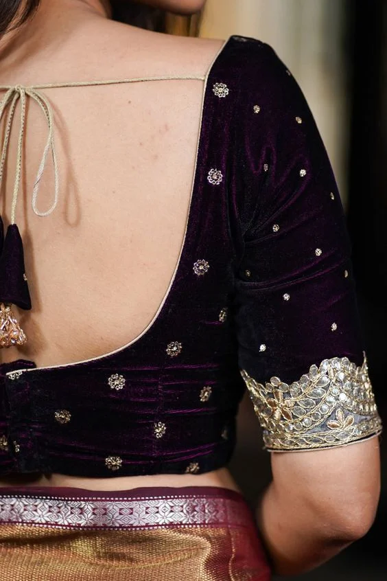 Velvet Applique on Sheer Blouse Back Design