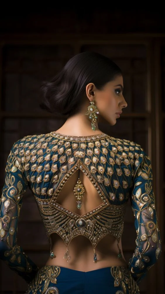 Peacock Design Embroidery on Sheer Back Blouse