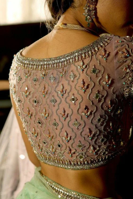 Cutwork Blouse Back Design with Stone Embellishments
