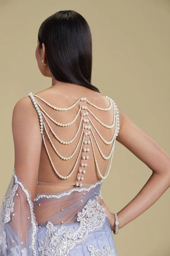 Draped Back with Hanging Beads Blouse Back Design