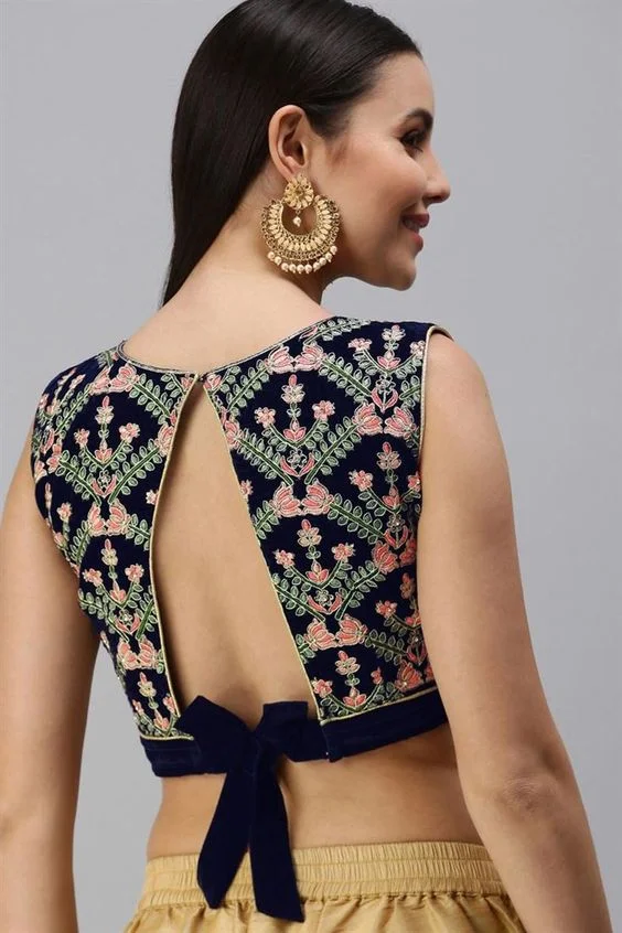 Blue Velvet Blouse Back with Gold Embroidery