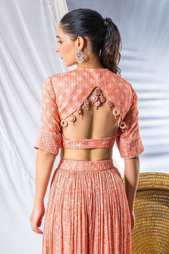 Geometric Pattern with Mirror Work Blouse Back Design