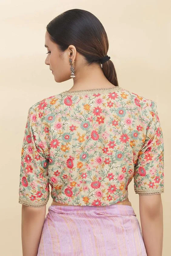 Floral Embroidery on High Neck Blouse Back Design