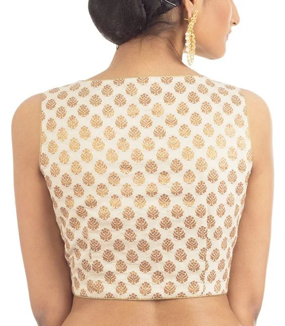 Gold Brocade Blouse Back Design with Mirror Work
