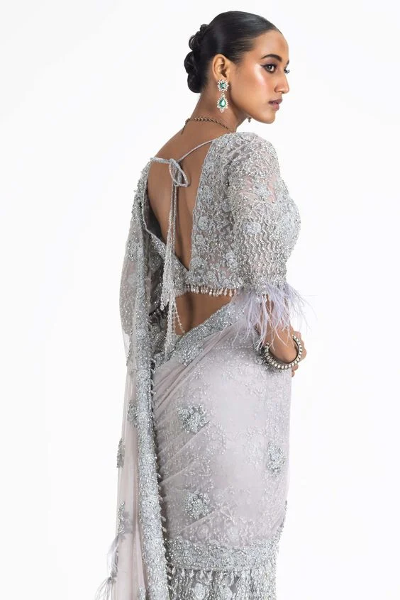 Sheer back blouse with silver zari work