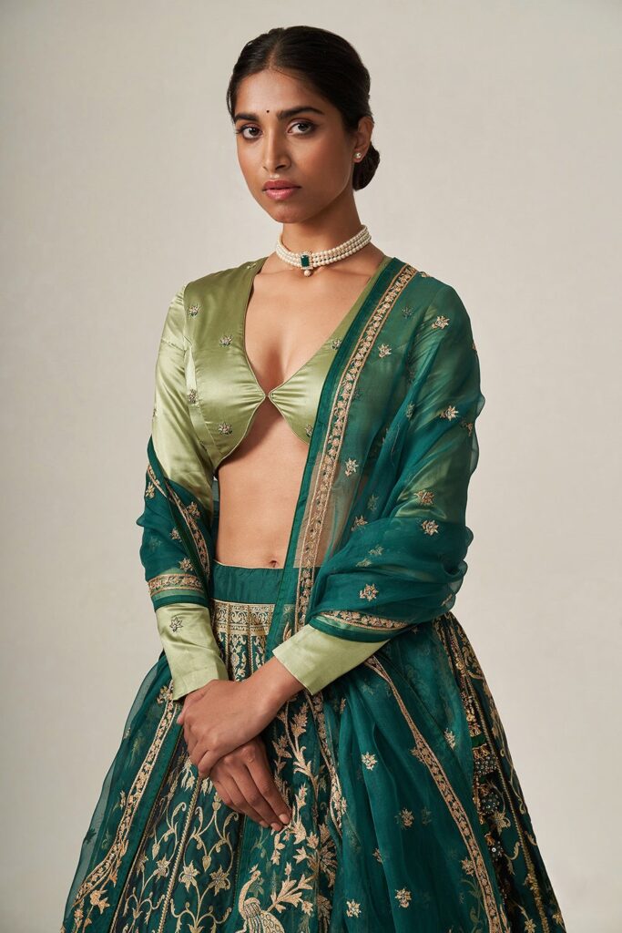 Green Banarasi Silk Full Sleeve Blouse