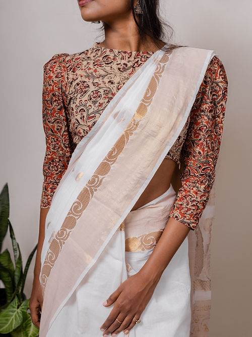 Kalamkari Blouse Designs with Kerala Saree